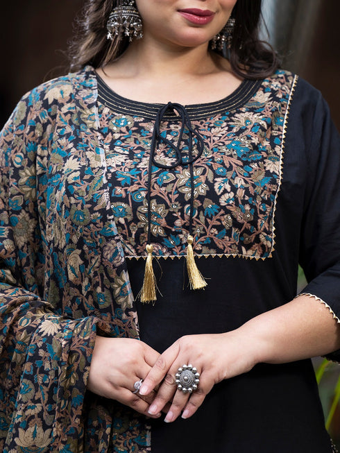 Women Plus Size Black Pure Cotton Kurta Set With Dupatta